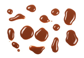 Spilled chocolate milk puddle isolated on white background, top view
