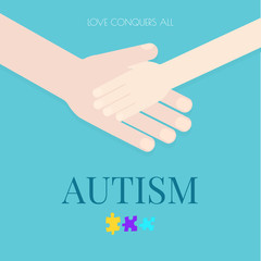 Autism awareness poster with puzzle pieces on blue background. Adult holding the hand of a child. Love conquers all quote. Solidarity, unity, support symbol. Medical concept. Vector illustration.