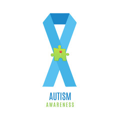 Autism awareness poster with a puzzle piece pinned to a ribbon. Social interaction and communication disorder. Solidarity and support symbol on white background. Medical concept. Vector illustration. 