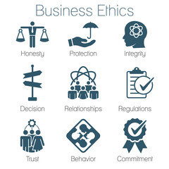 Business Ethics Solid Icon Set with Honesty, Integrity, Commitment, and Decision