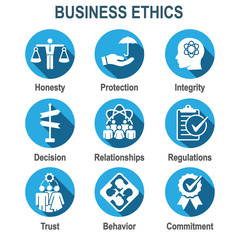 Business Ethics Solid Icon Set with Honesty, Integrity, Commitment, and Decision