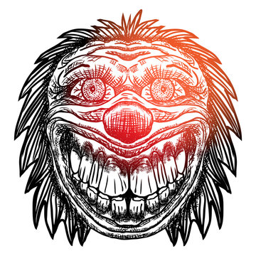 Blackwork adult flesh tattoo concept of devil clown head inspired by nightmare and satanic influence. Scary clown face with smile. Possessed by demon smiling mascot. Vector.