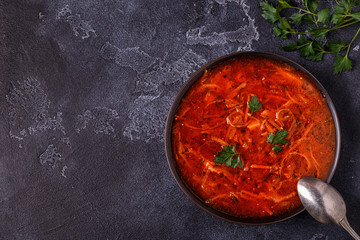 Ukrainian and russian traditional red soup - borsch.