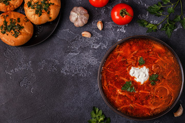 Ukrainian and russian traditional red soup - borsch.