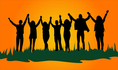  silhouette image of  group of young people holding hands up, friendly cheerful company