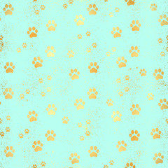 Fototapeta na wymiar Gold Paw print seamless pattern. Seamless pattern of animal gold footprints. Dog paw print seamless pattern on gold background