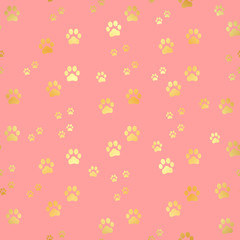 Gold Paw print seamless pattern. Seamless pattern of animal gold footprints. Dog paw print seamless pattern on gold background