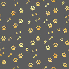 Fototapeta na wymiar Gold Paw print seamless pattern. Seamless pattern of animal gold footprints. Dog paw print seamless pattern on gold background