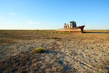 Abandoned ships Aral Sea. The Aral Sea is a formerly un salt lake in Central Asia. The Aral Sea was an endorheic lake lying between Kazakhstan in the north and Uzbekistan in the south.
