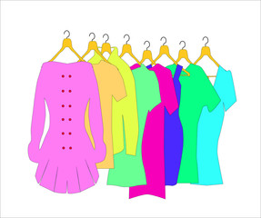 Different clothes on hangers isolated on white background. Flat design vector illustration