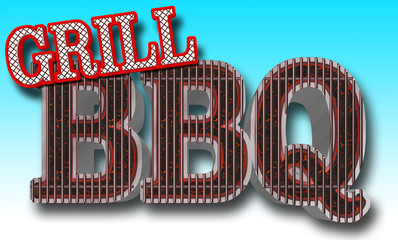 Stock Illustration - Text: BBQ Grill, Bright Red Text: Grill, Text: BBQ in the shape of the grill, Big Glowing Coals BBQ, 3D Illustration, Sky Blue Background.