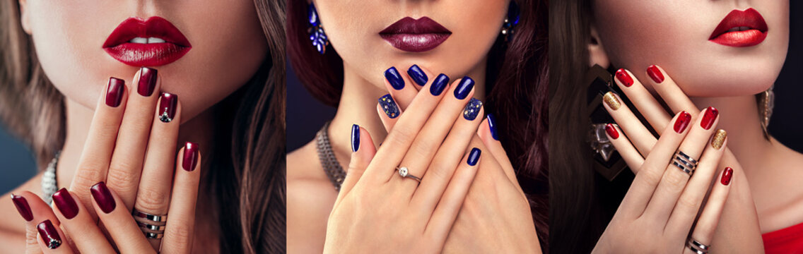 Beautiful woman with different make-up and manicure. Three variants of stylish looks