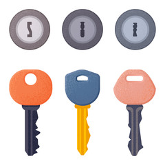 Set of modern door keys and keyholes with spray scatter effect and grunge texture. House security safety tool design elements. Hotel room lock symbols. Vector illustration isolated on white background