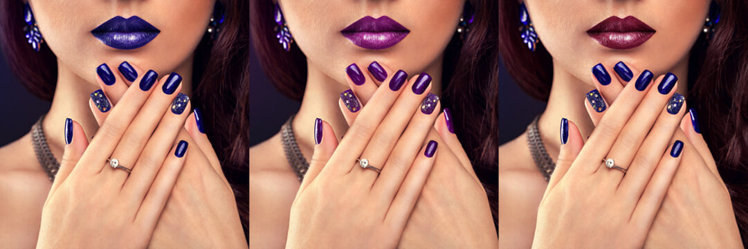 Beautiful woman with different make-up and manicure. Three variants of stylish looks