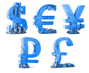 Simbolos de divisas.Euro,dolar,libra,rublo y yen sobre fondo blanco.Concepto de mercado de divisas...