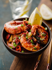 Large grilled BBQ shrimp with sweet chili sauce, green onion and lemon.
