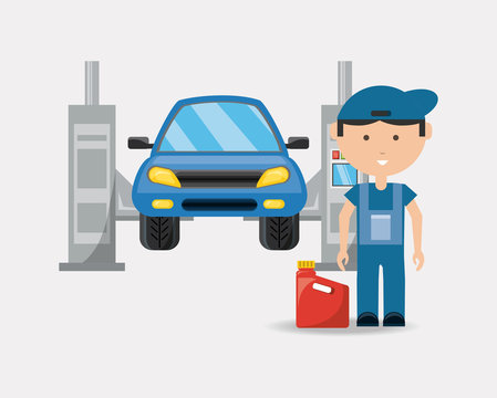 Car service design with Car on the lift and cartoon mechanic over white background, colorful design vector illustration