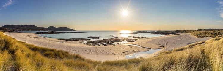 Panoramic shot of Sanna Bay with sun shining, Ardnamurchan Peninsula, Scotland