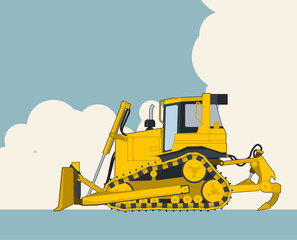 Obraz na płótnie Canvas Big yellow excavator, sky with clouds in background. Banner layout with earth mover. Vintage color stylization. Construction machinery vehicle and ground works. Flatten illustration master vector.