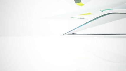 Abstract white and colored gradient glasses interior multilevel public space with window. 3D illustration and rendering.