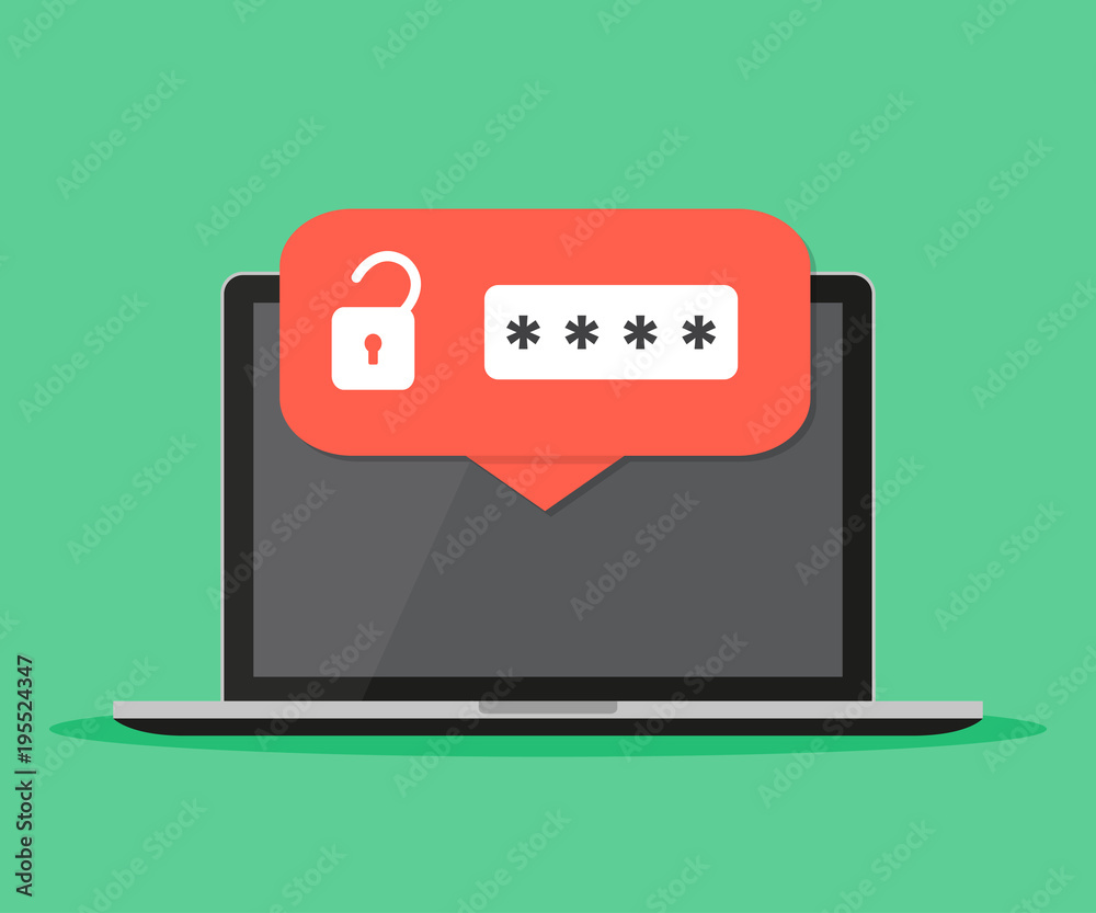 Poster Desktop computer with unlocked password bubble notification, flat cartoon design or pc screen with open lock and password field