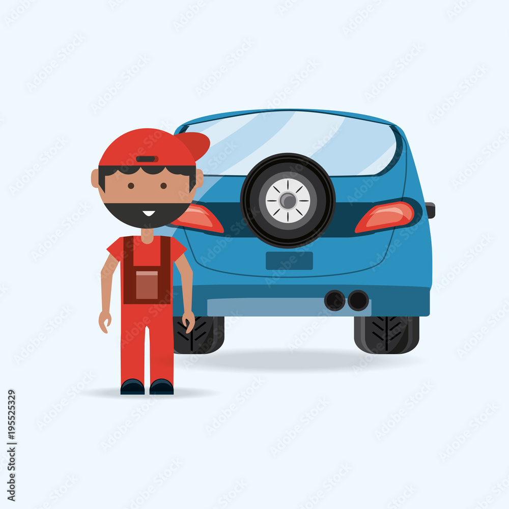 Canvas Prints Car service design with cartoon mechanic man and car over blue background, colorful design vector illustration