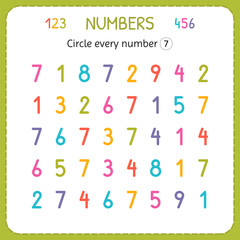 Circle every number Seven. Numbers for kids. Worksheet for kindergarten and preschool. Training to write and count numbers. Exercises for children