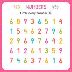Circle every number Six. Numbers for kids. Worksheet for kindergarten and preschool. Training to write and count numbers. Exercises for children