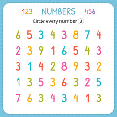Circle every number Three. Numbers for kids. Worksheet for kindergarten and preschool. Training to write and count numbers. Exercises for children