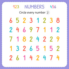 Circle every number Two. Numbers for kids. Worksheet for kindergarten and preschool. Training to write and count numbers. Exercises for children