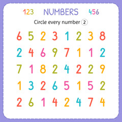 Circle every number Two. Numbers for kids. Worksheet for kindergarten and preschool. Training to write and count numbers. Exercises for children