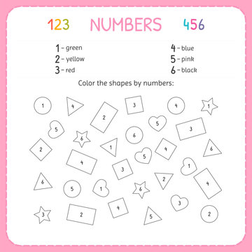 Color the shapes by numbers. Worksheet for kindergarten and preschool. Training to write and count numbers. Exercises for children