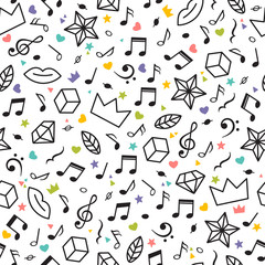 Fototapeta na wymiar Doodle seamless pattern with music notes, hearts, stars and other geometric elements. Music theme. Modern hand drawn background