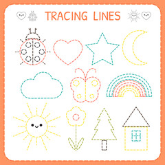 Kindergartens educational game for kids. Preschool tracing worksheet for practicing motor skills. Dashed lines