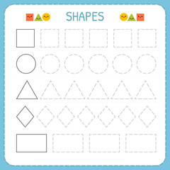 Learn shapes and geometric figures. Preschool or kindergarten worksheet for practicing motor skills. Tracing dashed lines