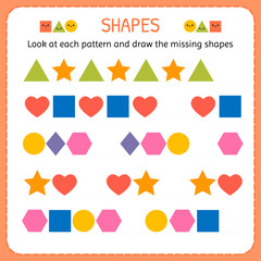 Look at each pattern and draw the missing shapes. Learn shapes and geometric figures. Preschool or kindergarten worksheet