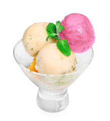 Dessert bowl with delicious ice-cream on white background