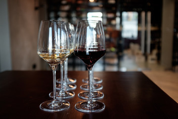 Glasses of white and red wine