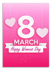 Happy Womens Day Illustration on Pink Background. Vector Template for Greeting Card. with hearts and ribbon