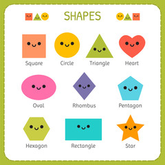 Set of smiling geometric figures. Comic cartoon characters for children education. Basic geometric shapes