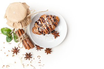 Dairy products with anise and cinnamon on a white background. Healthy eating. Isolated.