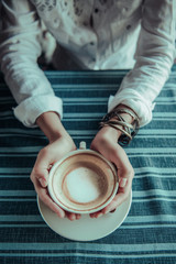 Asian woman  hands holding cup of coffee on  table.Focus on the coffee cup
