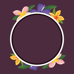 decorative circular frame with tropical flowers over purple background vector illustration