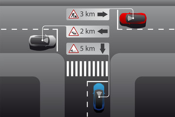 V2V - Vehicle to vehicle communication. Information exchange between cars. Vector illustration