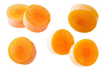 Collection slices carrots isolated on white