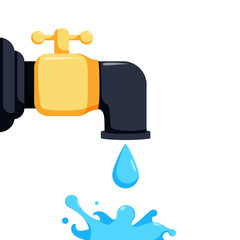 Flat icon of a tap dripping water. Dripping water from the tap illustration. Vector aqua splash.