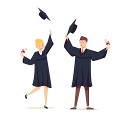 Couple of graduates with diplomas. The guy and the girl graduated from university. Vector illustration in cartoon style.