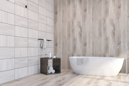 Wooden tiles bathroom corner, bathtub