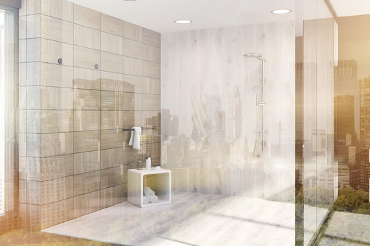 Wooden tiles brown bathroom corner, shower toned