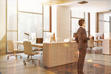 Panoramic office interior, businessman